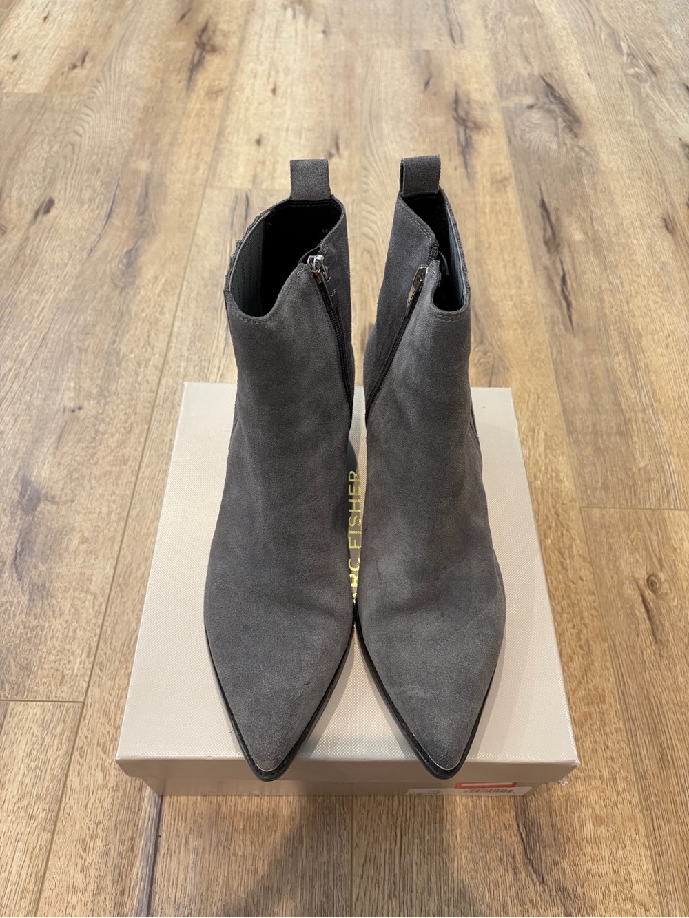Marc Fisher Gray Suede Pointed-Toe Ankle Booties
